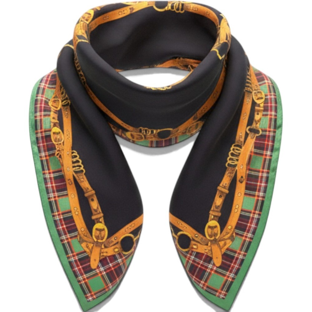 Vtg Equestrian Silk Scarf Womens Green Plaid Black Belt Buckle Print Heritage